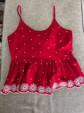 Red Polka Dot Peplum Tank with White Embroidery